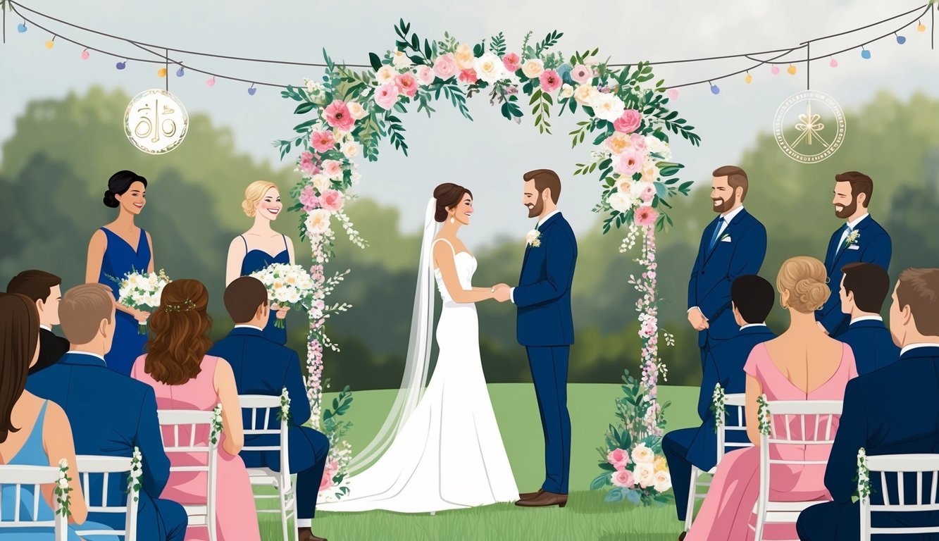 A couple exchanging vows under a floral arch, surrounded by personalized decorations and meaningful symbols, with guests seated in an intimate outdoor setting