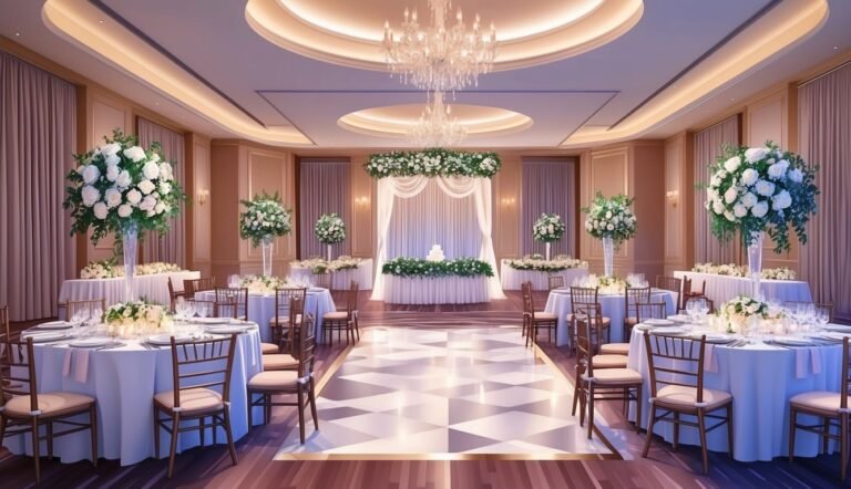 Elegant wedding reception hall with tables, flowers, and a cake