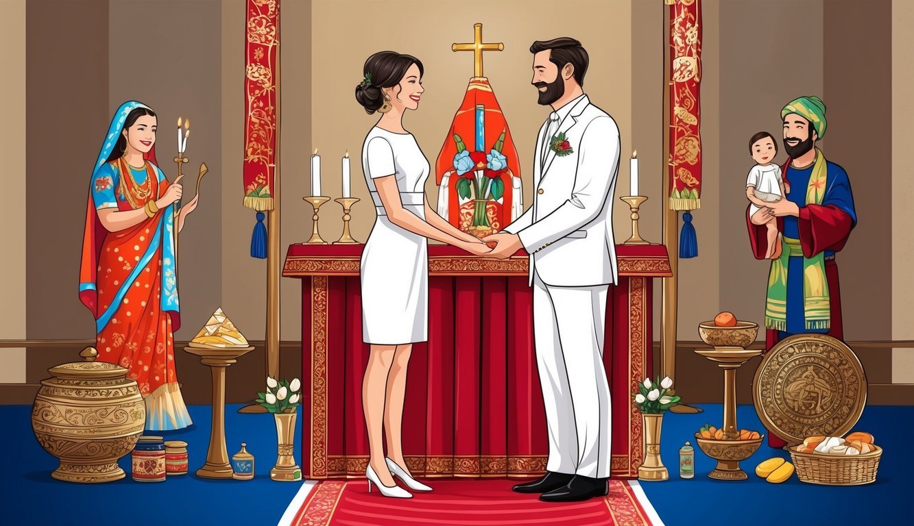 A couple standing at the altar surrounded by symbolic objects representing their family traditions