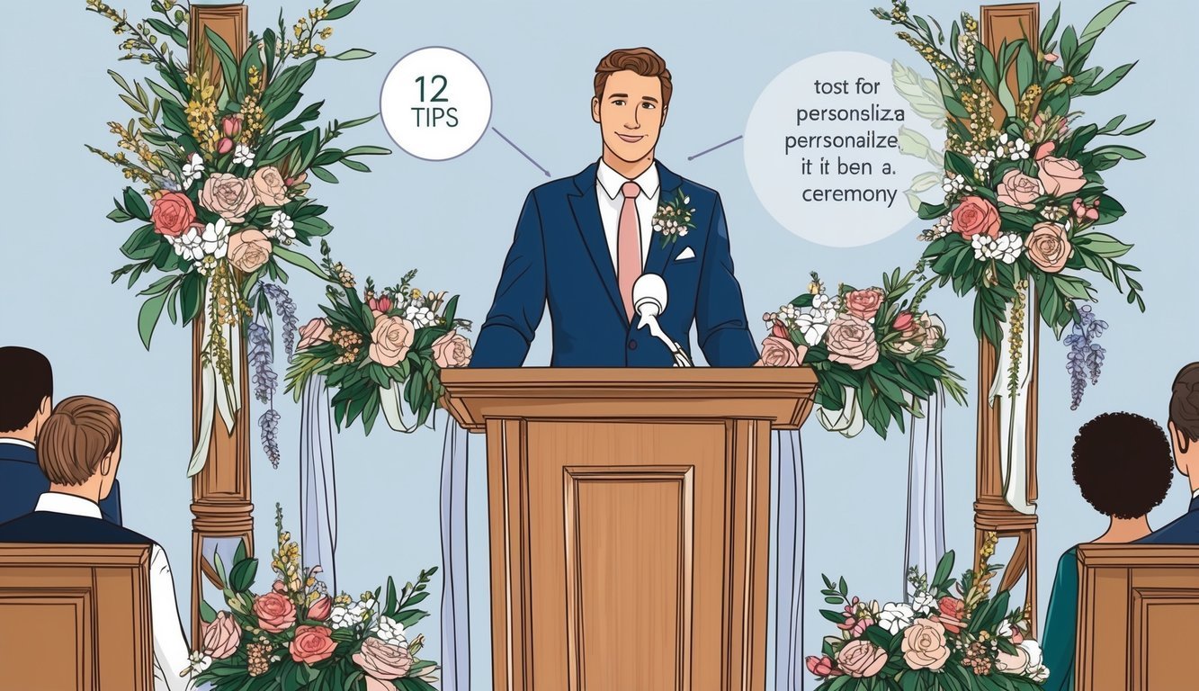 A figure stands at a podium, surrounded by wedding decor and flowers, offering 12 tips for personalizing a ceremony