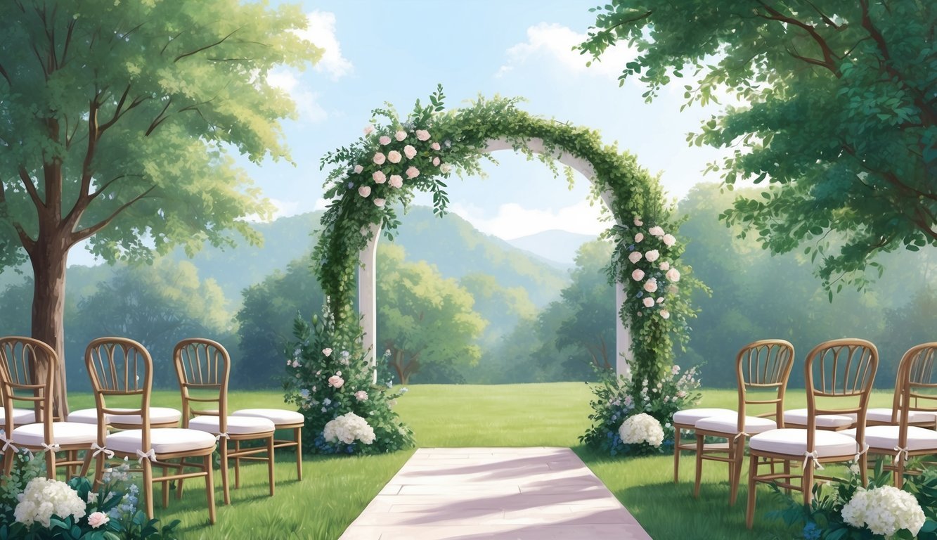 A serene outdoor wedding setting with a beautiful arch, surrounded by lush greenery and flowers, with personalized details and decor throughout