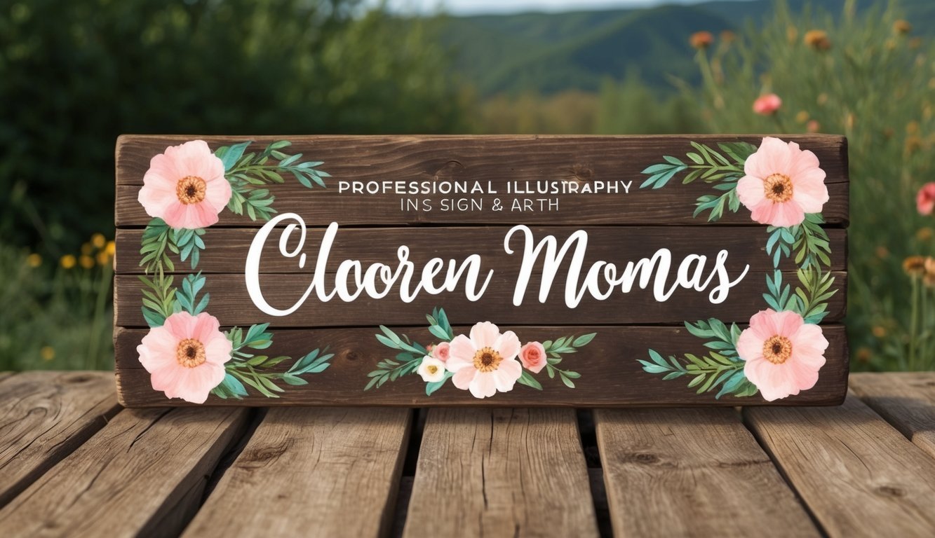 A rustic wooden signboard with floral decorations and calligraphy, set against a natural backdrop