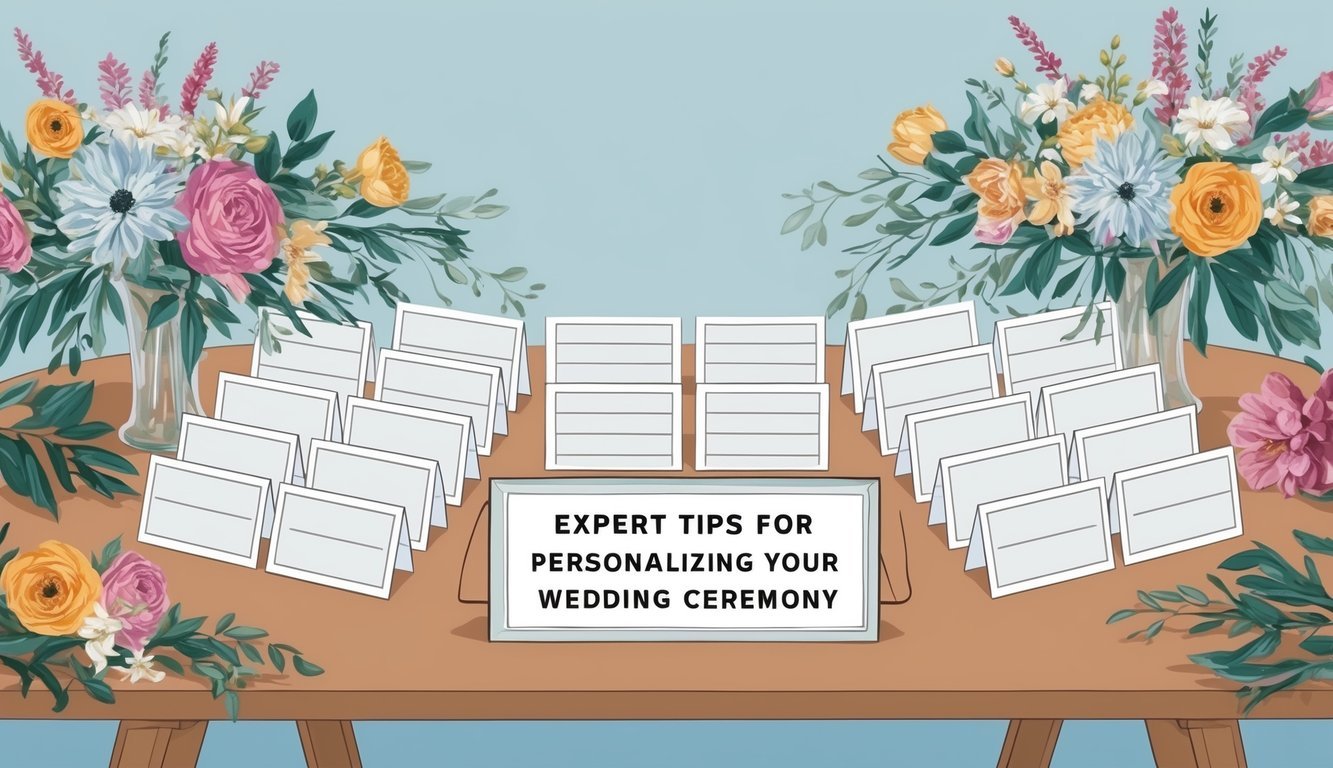 A table with 12 guest message cards and a sign reading "Expert Tips for Personalizing Your Wedding Ceremony" surrounded by floral decorations