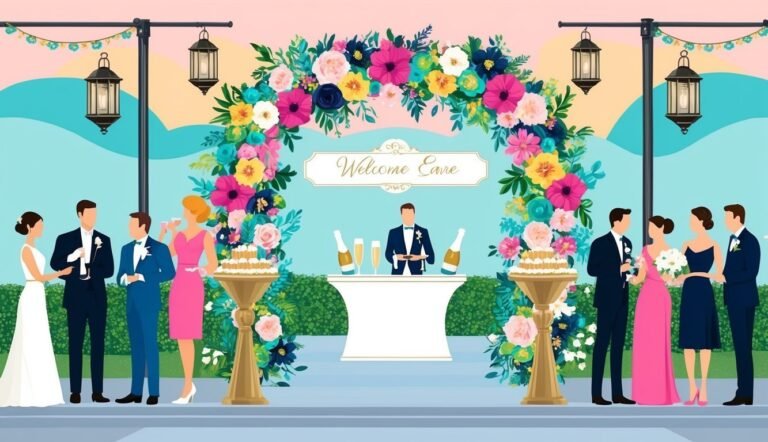 Wedding reception scene with floral arch, guests, and welcome sign