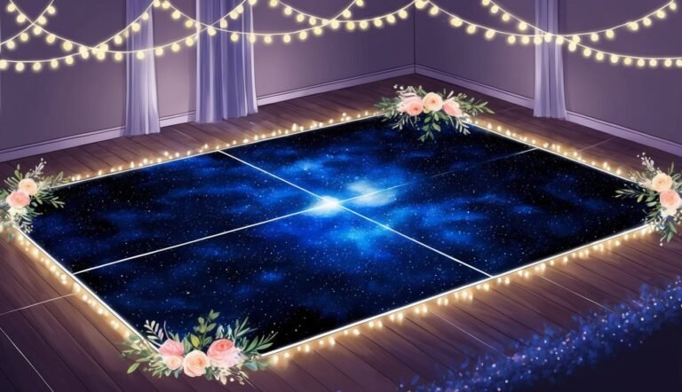 Dance floor with a starry sky design, flowers, and string lights