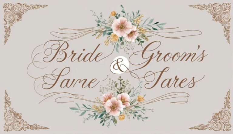 Wedding sign with floral accents and "Bride & Groom's Same Sares" text