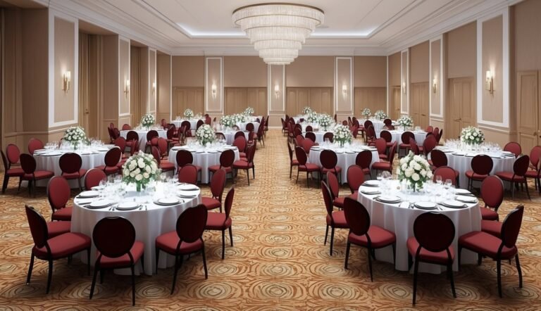 Elegant ballroom with round tables, red chairs, and floral centerpieces