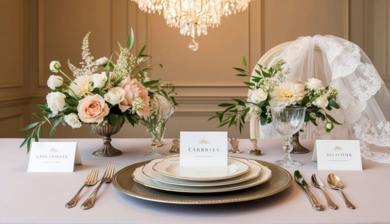 Elegant wedding table setting with floral arrangements, place settings, and a veil