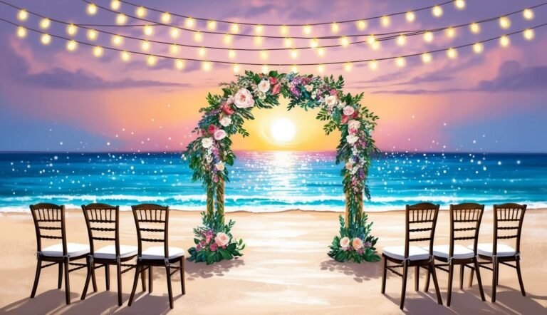 Beach wedding setup with floral arch, chairs, and string lights at sunset