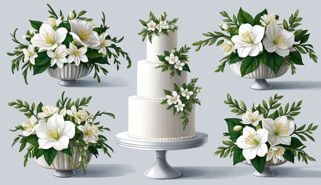 A white wedding cake adorned with jasmine blooms in seven different elegant arrangements