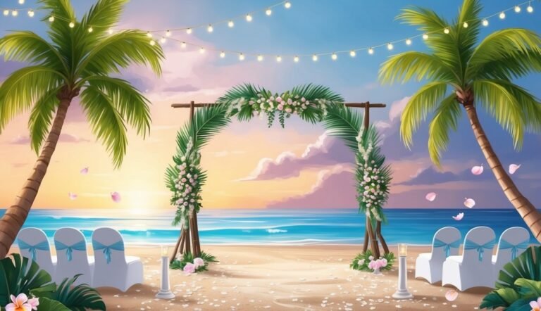 Beach wedding setup with arch, palm trees, chairs, and ocean sunset