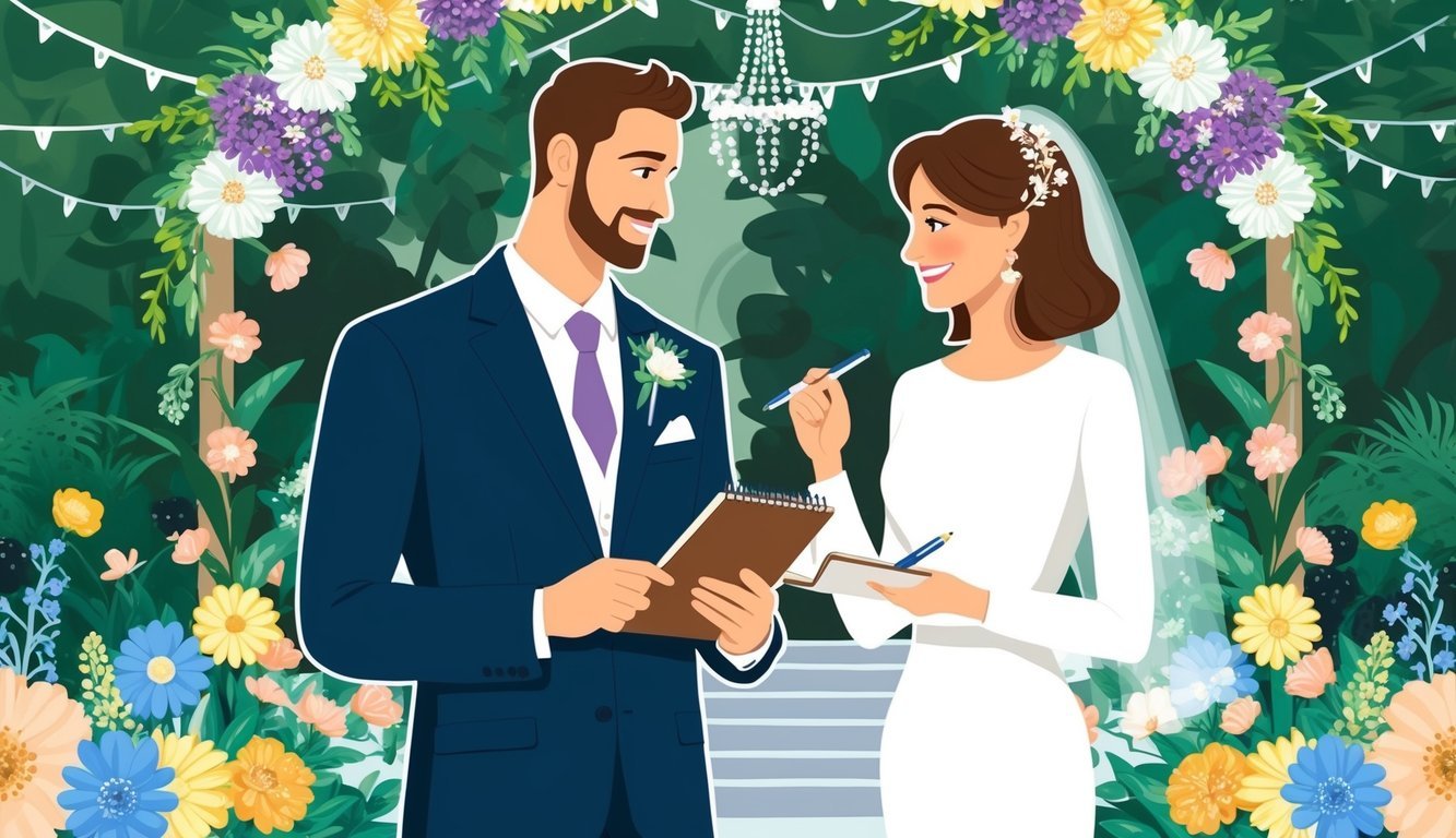 A couple stands in a garden, surrounded by colorful flowers and elegant decorations.</p><p>They are discussing wedding plans, with a notebook and pen in hand