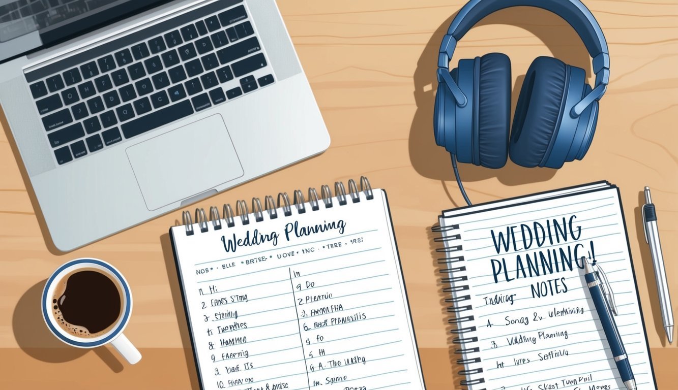 A table with a laptop, headphones, and a notebook filled with song titles and wedding planning notes.</p><p>A cup of coffee sits nearby