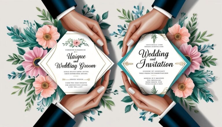 Hands holding wedding invitations with floral decorations
