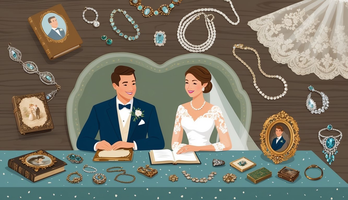 A bride and groom sit at a table covered in family heirlooms, planning their wedding.</p><p>An old photo album, vintage jewelry, and antique lace are spread out before them