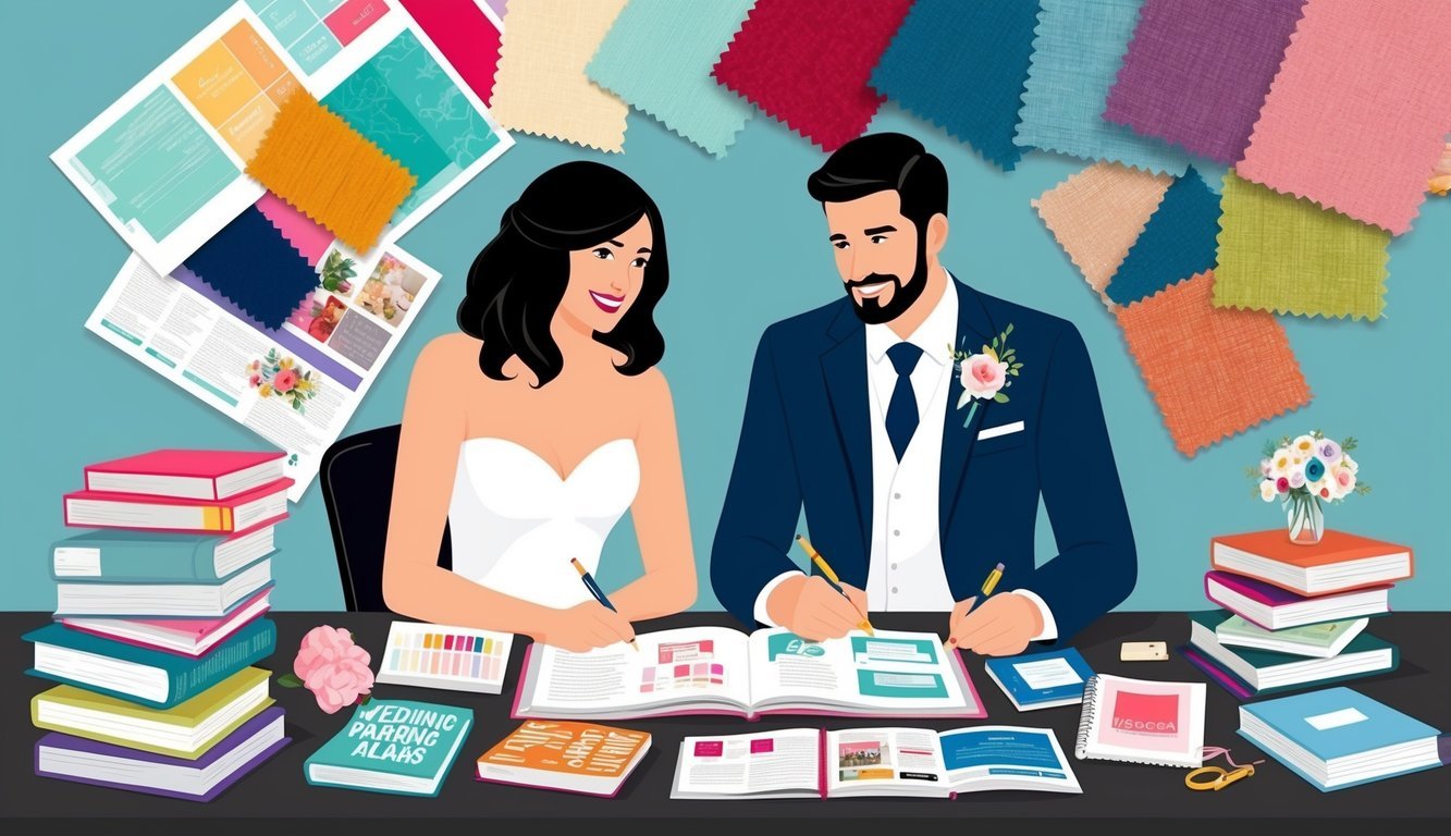 A bride and groom sitting at a table surrounded by wedding planning books, magazines, and colorful swatches of fabric, as they brainstorm and jot down ideas