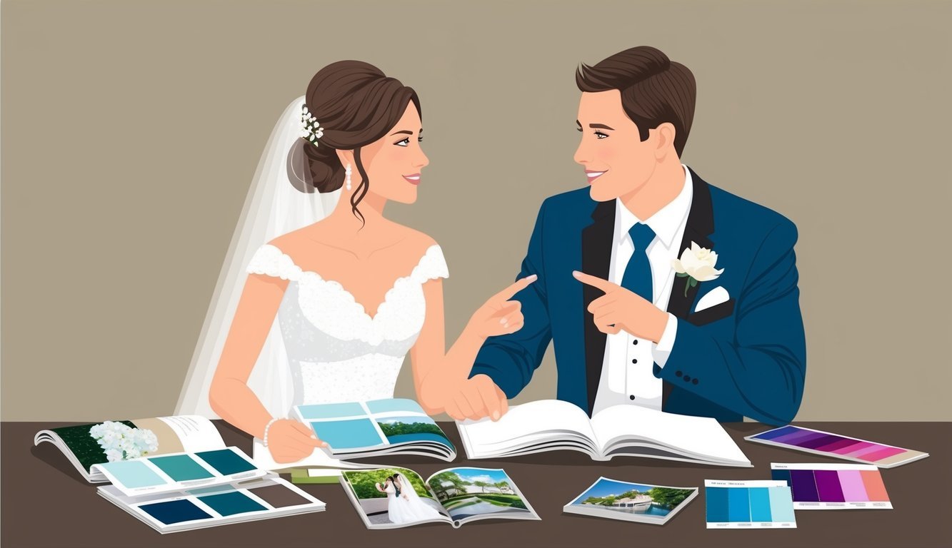 A bride and groom sit at a table, surrounded by wedding magazines and color swatches.</p><p>They are deep in conversation, gesturing and pointing to different images and ideas