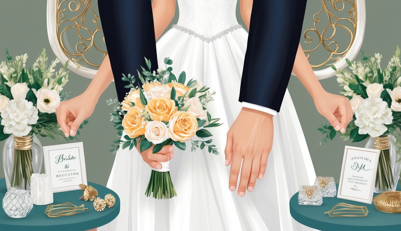 A bride and groom's hands holding a bouquet and a boutonniere, surrounded by elegant wedding decor and personalized details reflecting their unique style