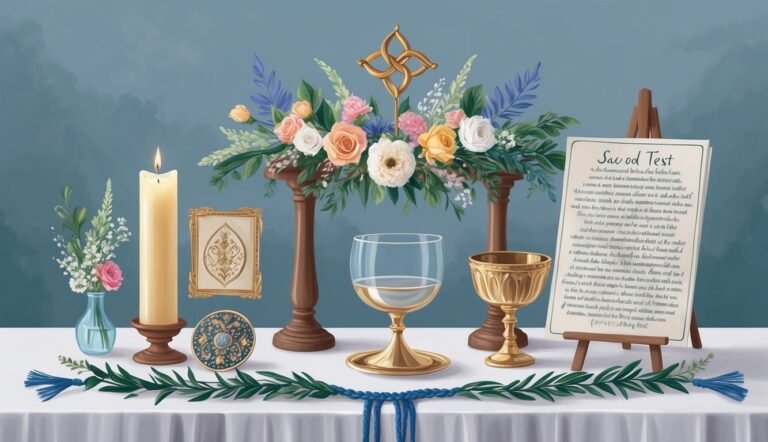 Still life with flowers, candle, chalices, and a document on a table