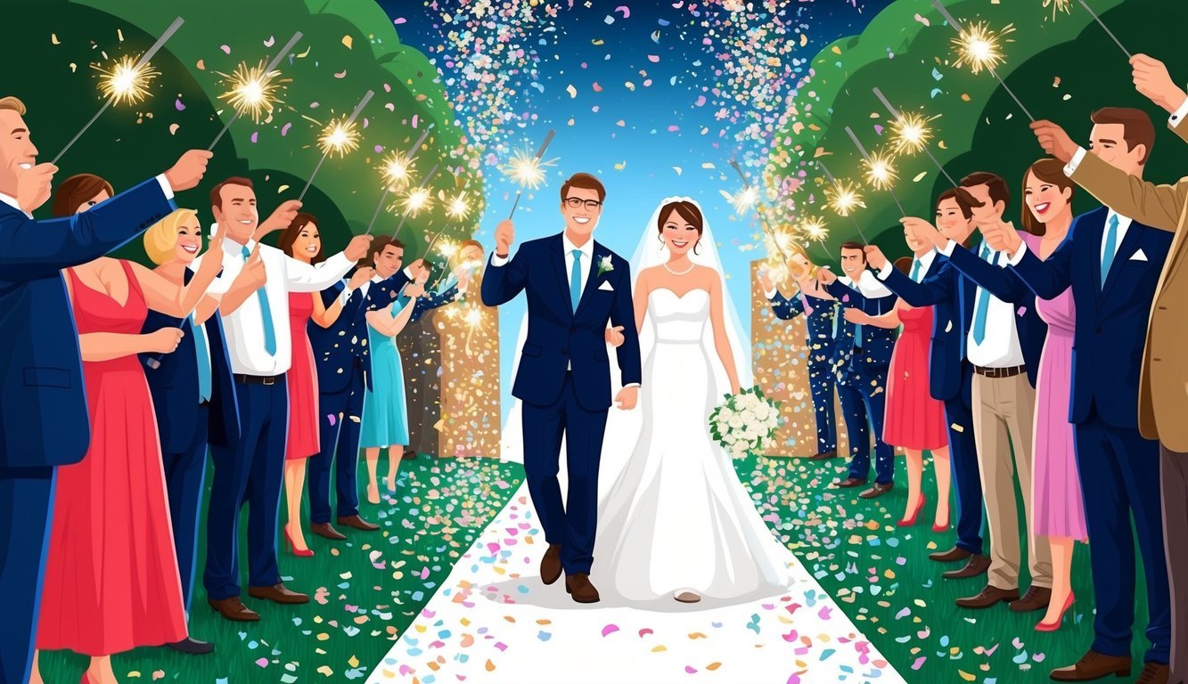 Guests wave sparklers as the newlyweds walk beneath a tunnel of light, surrounded by a shower of confetti and flower petals