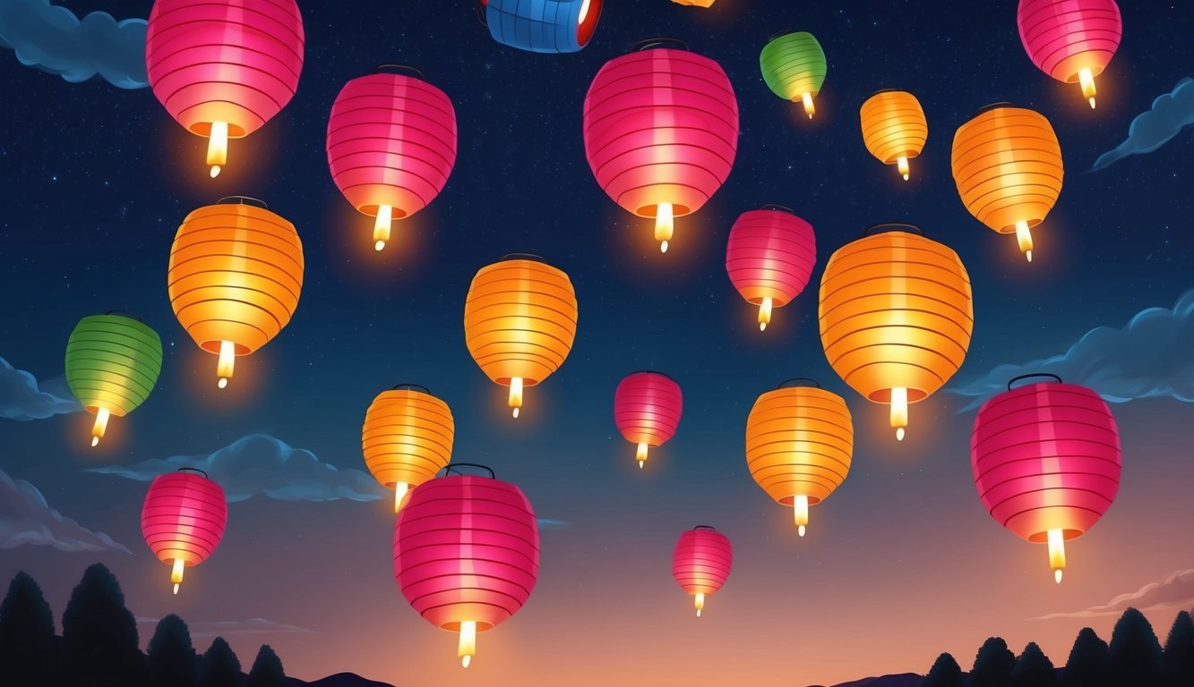 Colorful lanterns floating into the night sky, illuminating the darkness with their warm glow