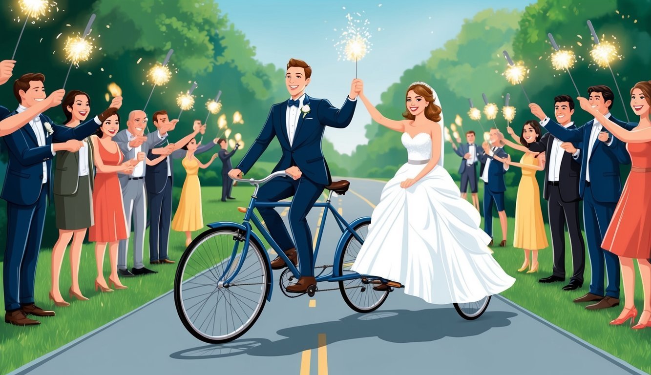 A newlywed couple rides off on a tandem bicycle, surrounded by cheering guests holding sparklers