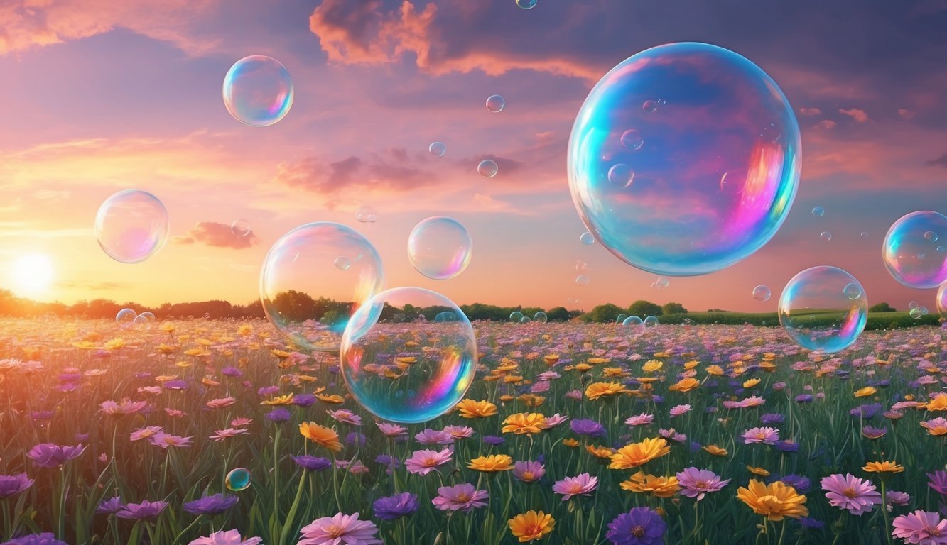 Giant bubbles floating through a field of flowers at sunset