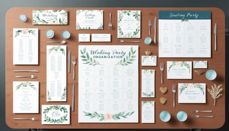 Wedding stationery and table setting with floral designs on a wooden table