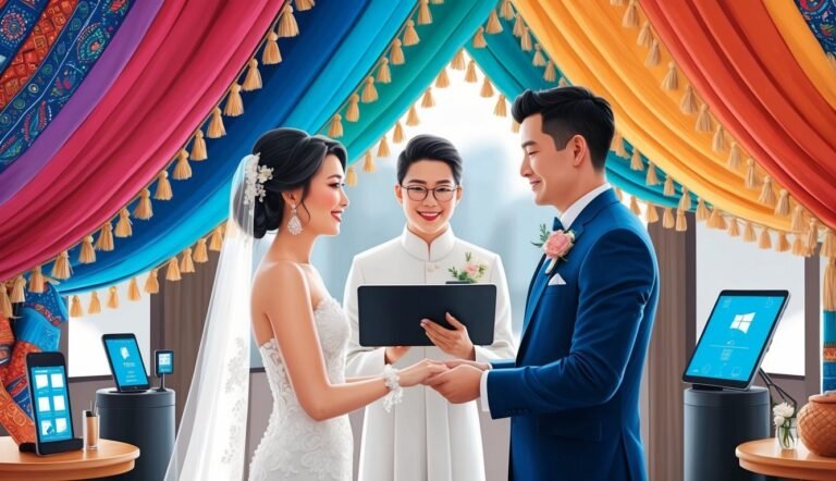 Asian couple getting married with a colorful backdrop and technology