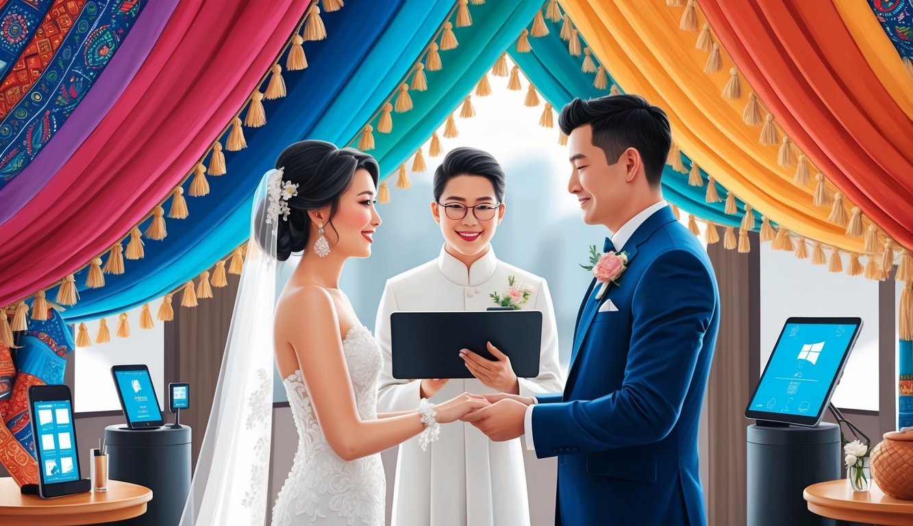 A bride and groom exchange vows under a canopy of colorful traditional fabric, surrounded by modern decor and technology