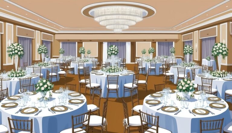 Elegant ballroom set for a wedding reception with round tables and floral centerpieces