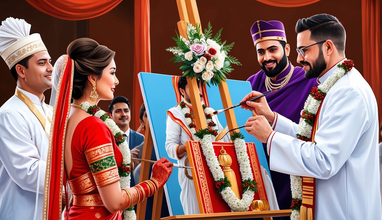 A wedding ceremony with traditional elements being painted onto a canvas by a live artist