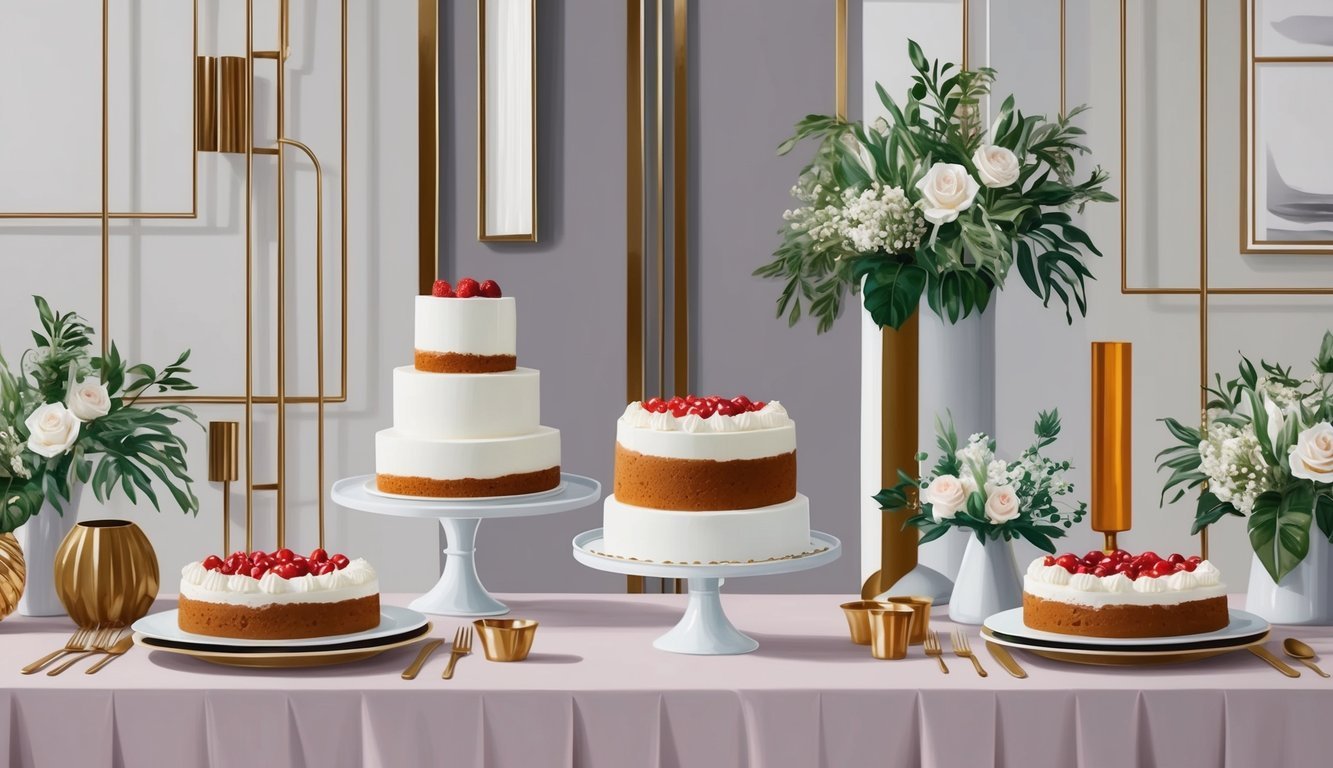 A modern wedding reception features a table adorned with a family recipe dessert, surrounded by contemporary decor and traditional elements