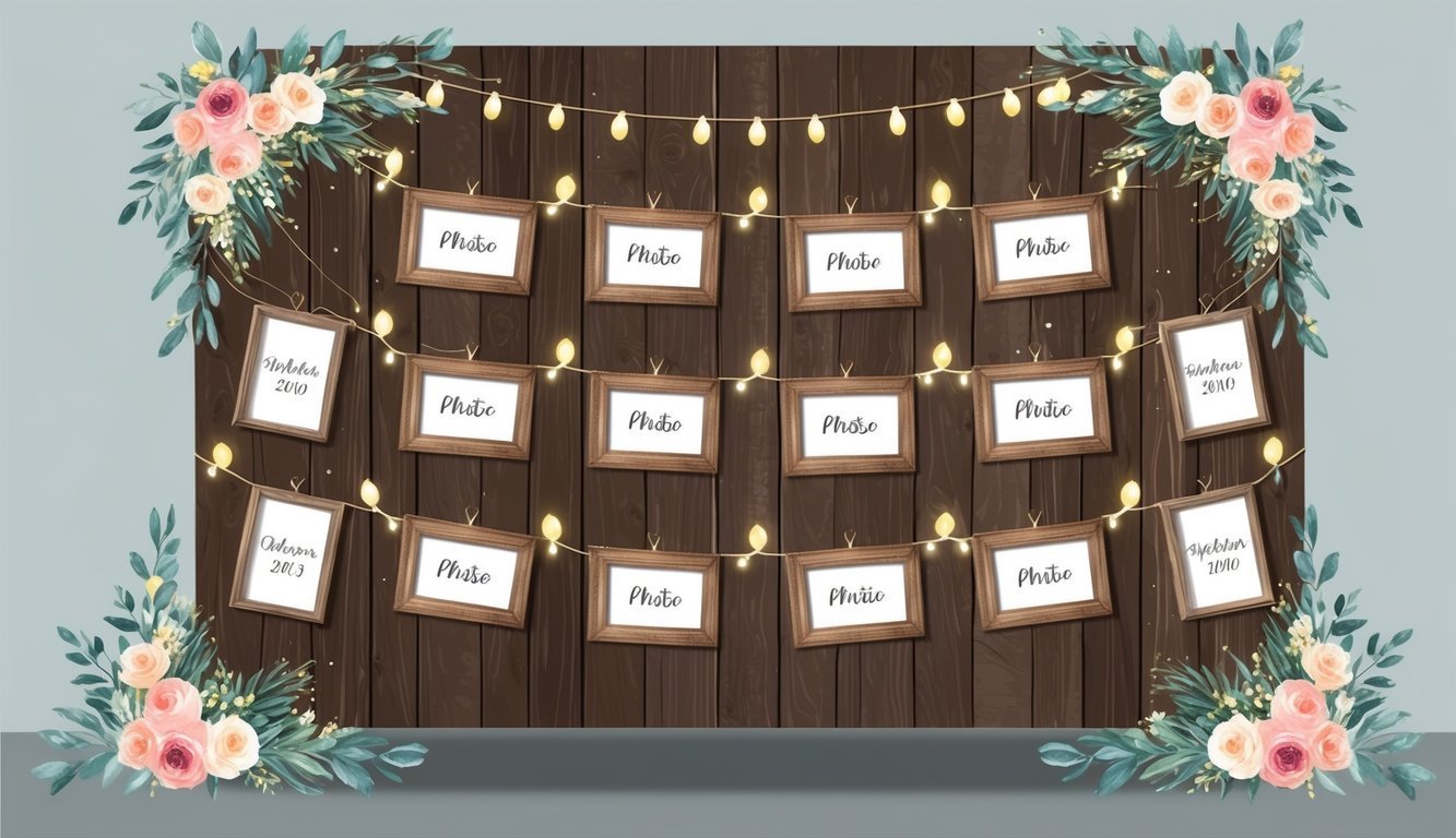 A rustic wooden backdrop adorned with personalized photo frames, fairy lights, and floral arrangements, creating a charming display for a wedding