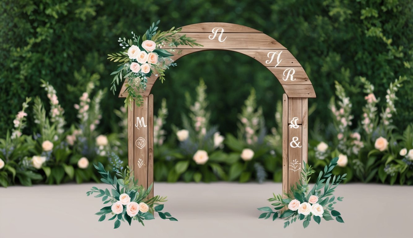 A rustic wooden arch adorned with custom-made elements such as engraved initials, hand-painted designs, and personalized symbols, set against a backdrop of lush greenery and delicate floral arrangements