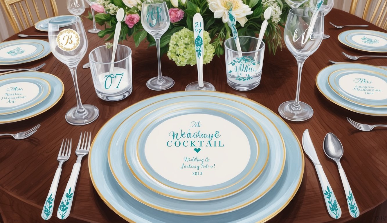 A beautifully set wedding table with custom cocktail stir sticks featuring personalized elements such as initials, wedding date, or themed designs