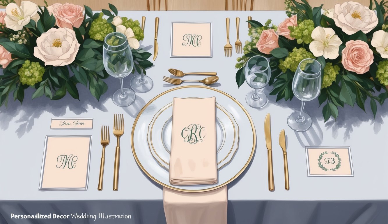 A wedding reception with personalized decor: custom monogrammed napkins, engraved place cards, and bespoke table centerpieces reflect the importance of personalization