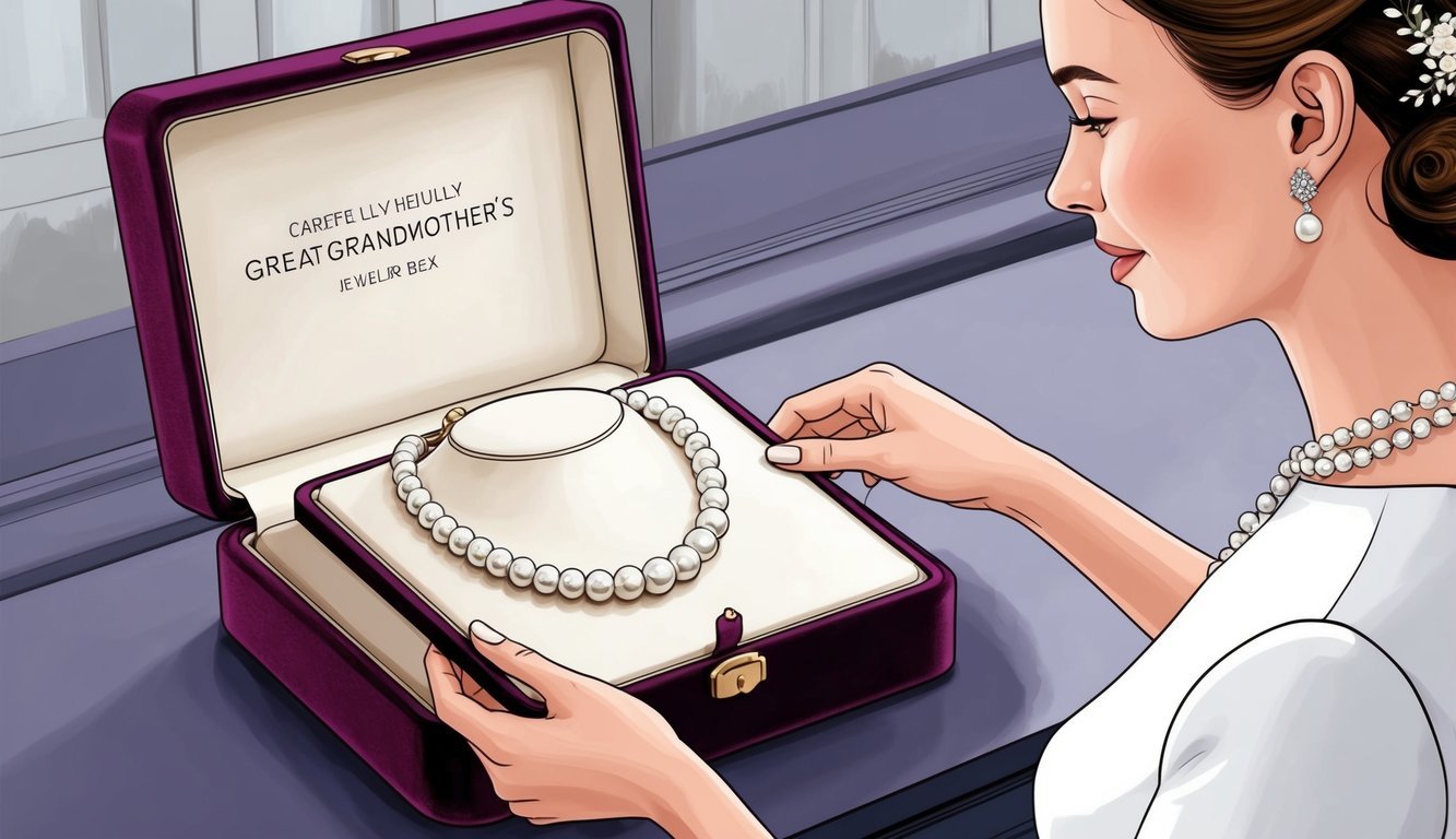 A bride carefully selects her great-grandmother's pearl necklace from a velvet-lined jewelry box, admiring its timeless beauty before incorporating it into her modern wedding attire