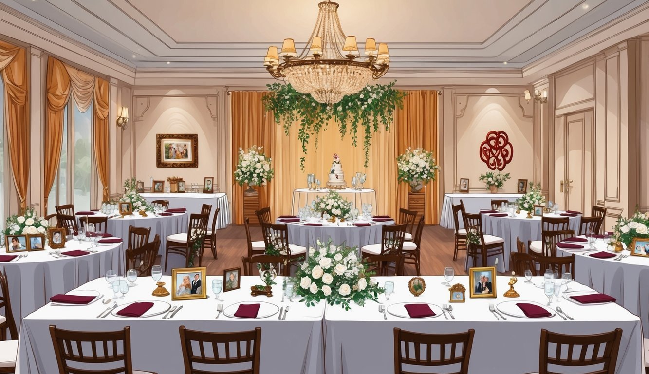 A wedding reception with personalized decor, such as custom family heirlooms, photos, and traditional symbols, creating a warm and meaningful atmosphere