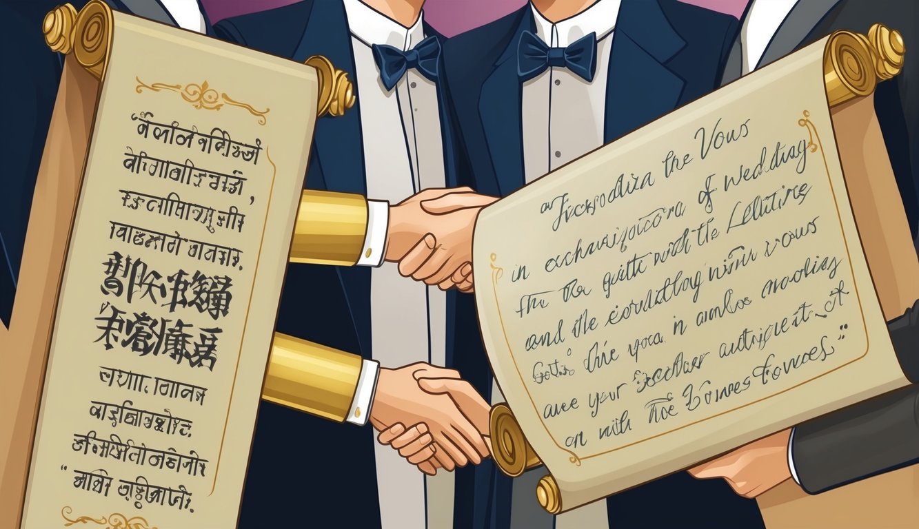 A pair of ornate scrolls, one inscribed with traditional cultural quotes and the other with handwritten vows, are exchanged between two figures in formal attire