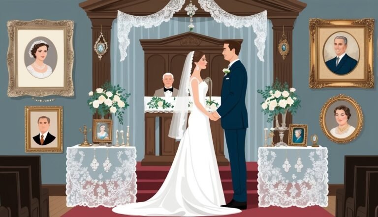 Bride and groom holding hands at the altar, surrounded by portraits and flowers