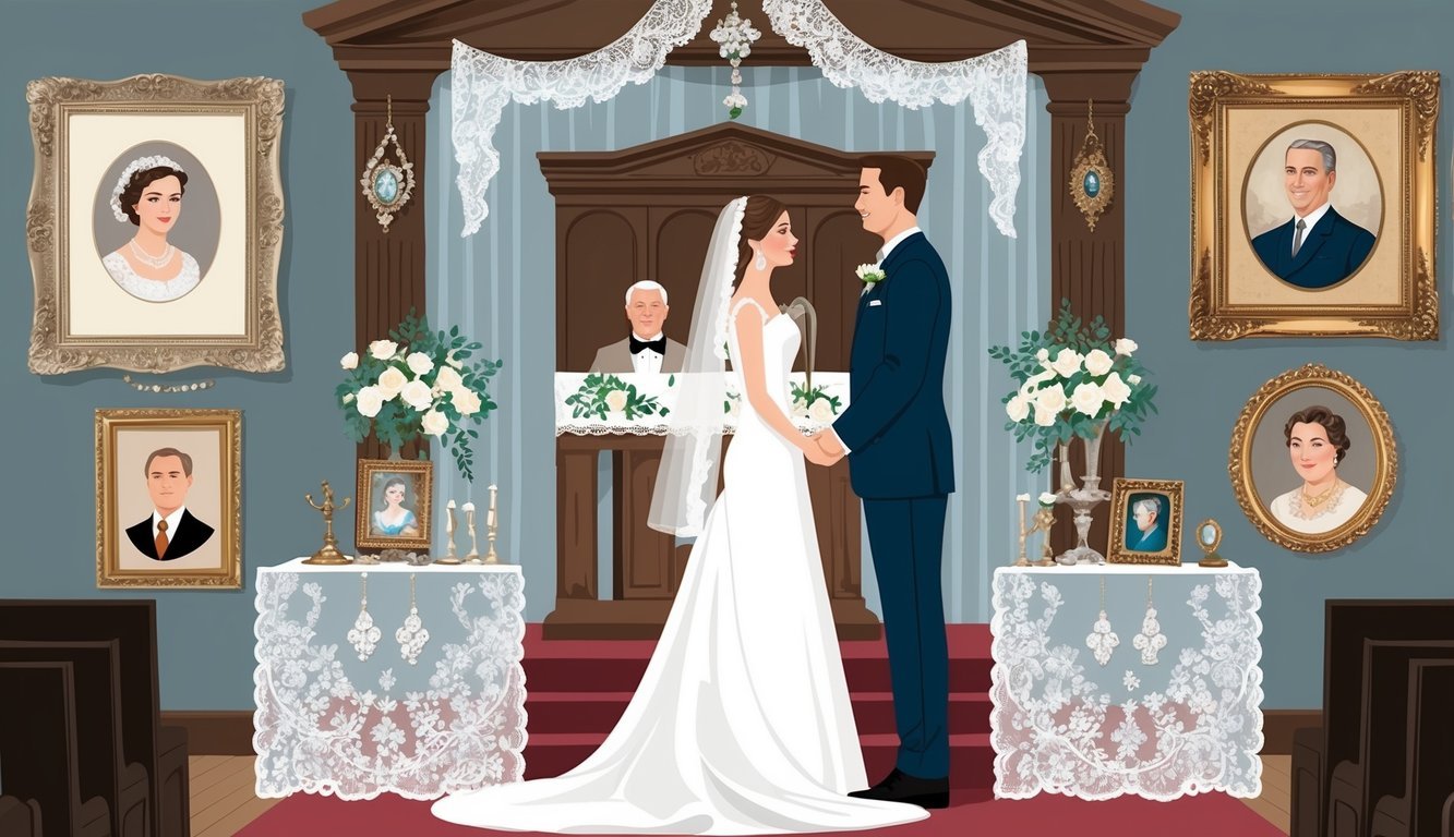 A bride and groom stand at the altar surrounded by family heirlooms incorporated into the wedding decor, including vintage lace, antique jewelry, and framed ancestral portraits