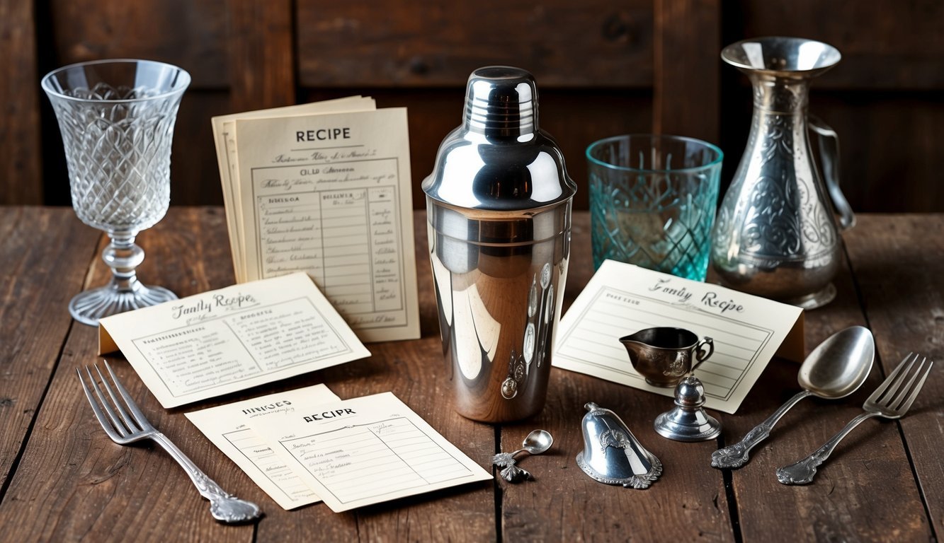 A vintage cocktail shaker surrounded by old family recipe cards, heirloom silverware, and antique glassware on a rustic wooden table