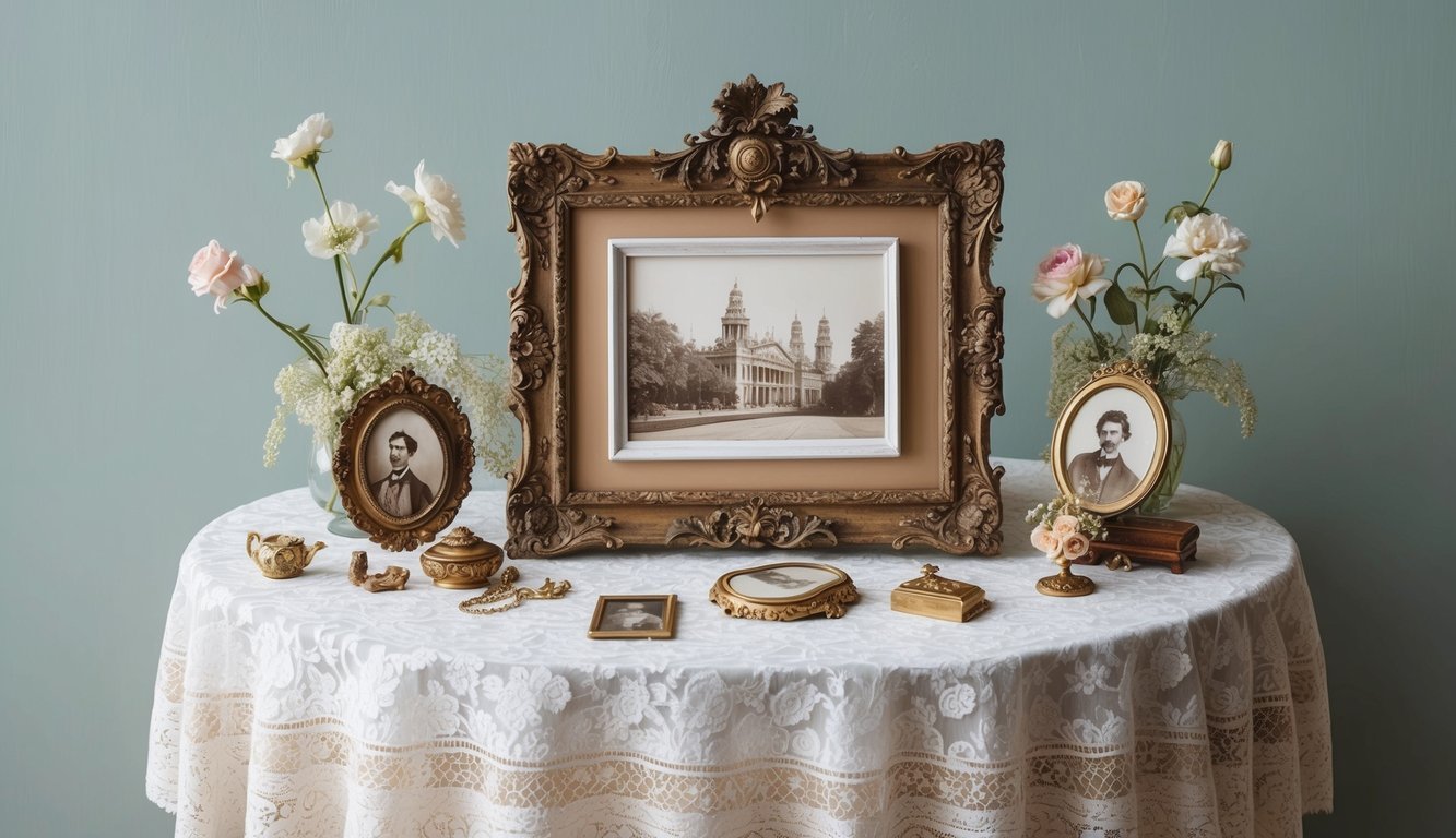 An ornate antique photo display sits atop a lace-covered table, surrounded by delicate flowers and vintage trinkets