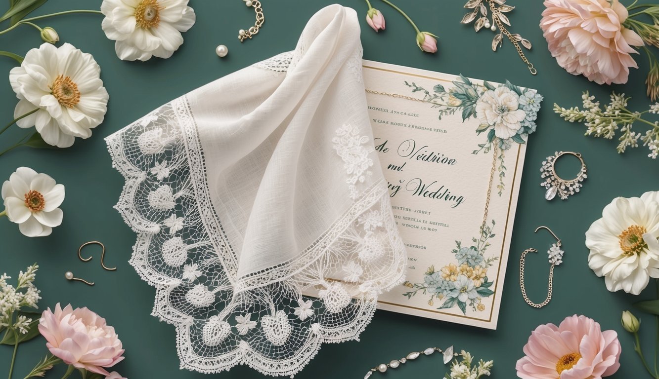 A lace handkerchief draped over a vintage wedding invitation, surrounded by delicate flowers and heirloom jewelry