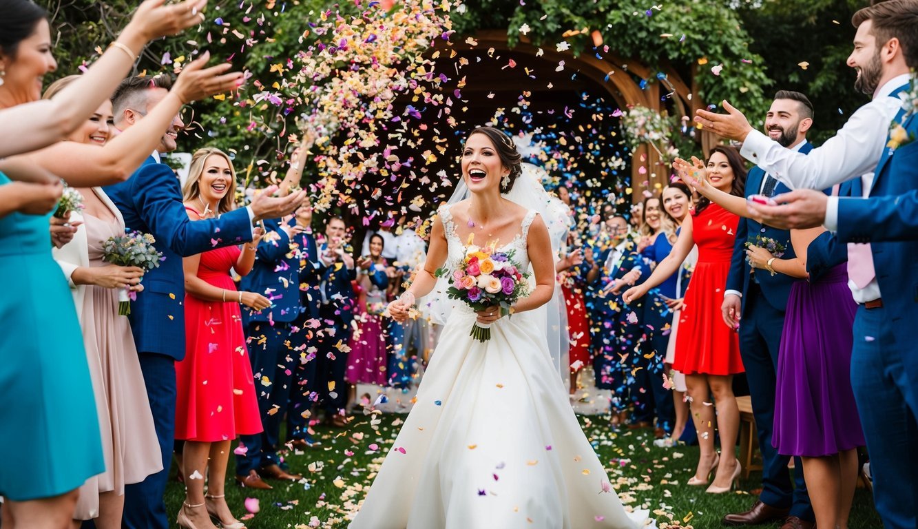 Colorful petals swirling in the air as they are tossed in celebration, creating a joyful and whimsical atmosphere for a wedding exit