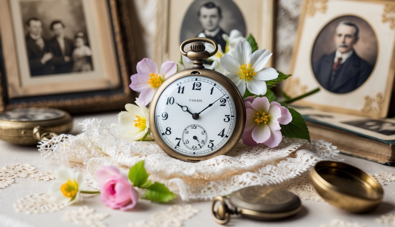 A vintage pocket watch resting on a bed of delicate lace and surrounded by blooming flowers, set against a backdrop of old family photographs and cherished heirlooms