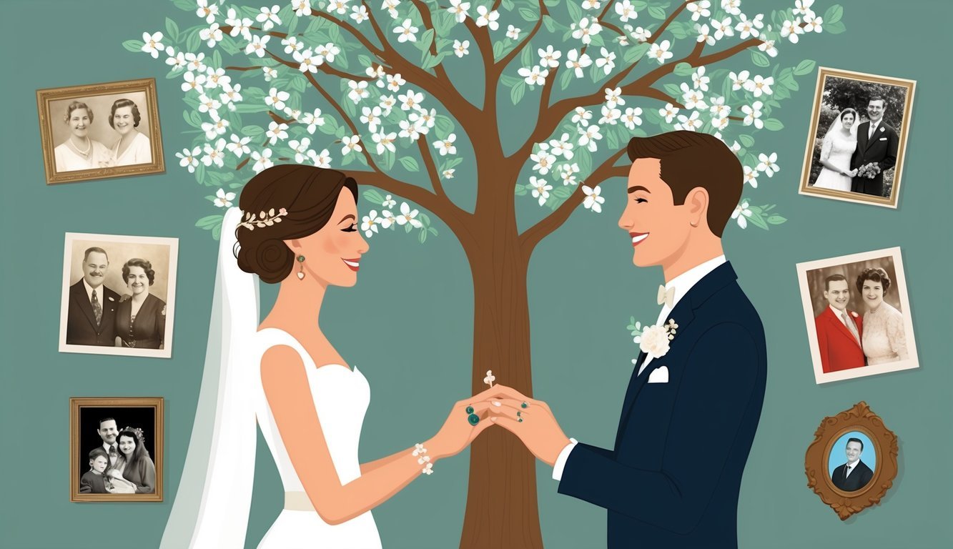 A bride and groom exchange heirloom rings under a blooming family tree, surrounded by vintage photographs and cherished mementos