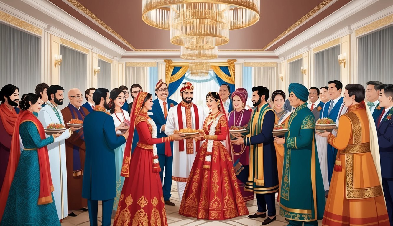 A diverse group of people from different cultural backgrounds gather in a beautifully decorated wedding venue, exchanging traditions and customs