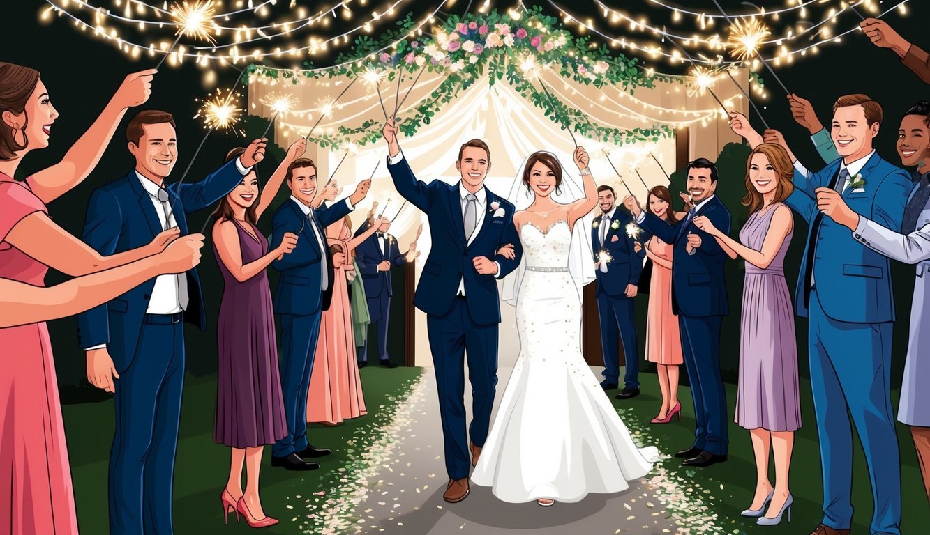 Guests waving sparklers as the newlyweds exit under a canopy of twinkling lights and flower petals